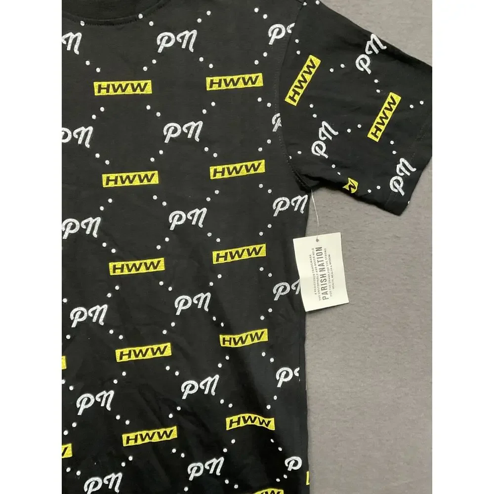 Parish Nation Boys Medium Graphic‎ Tee Black Yellow PN HWW Logo Print Shirt